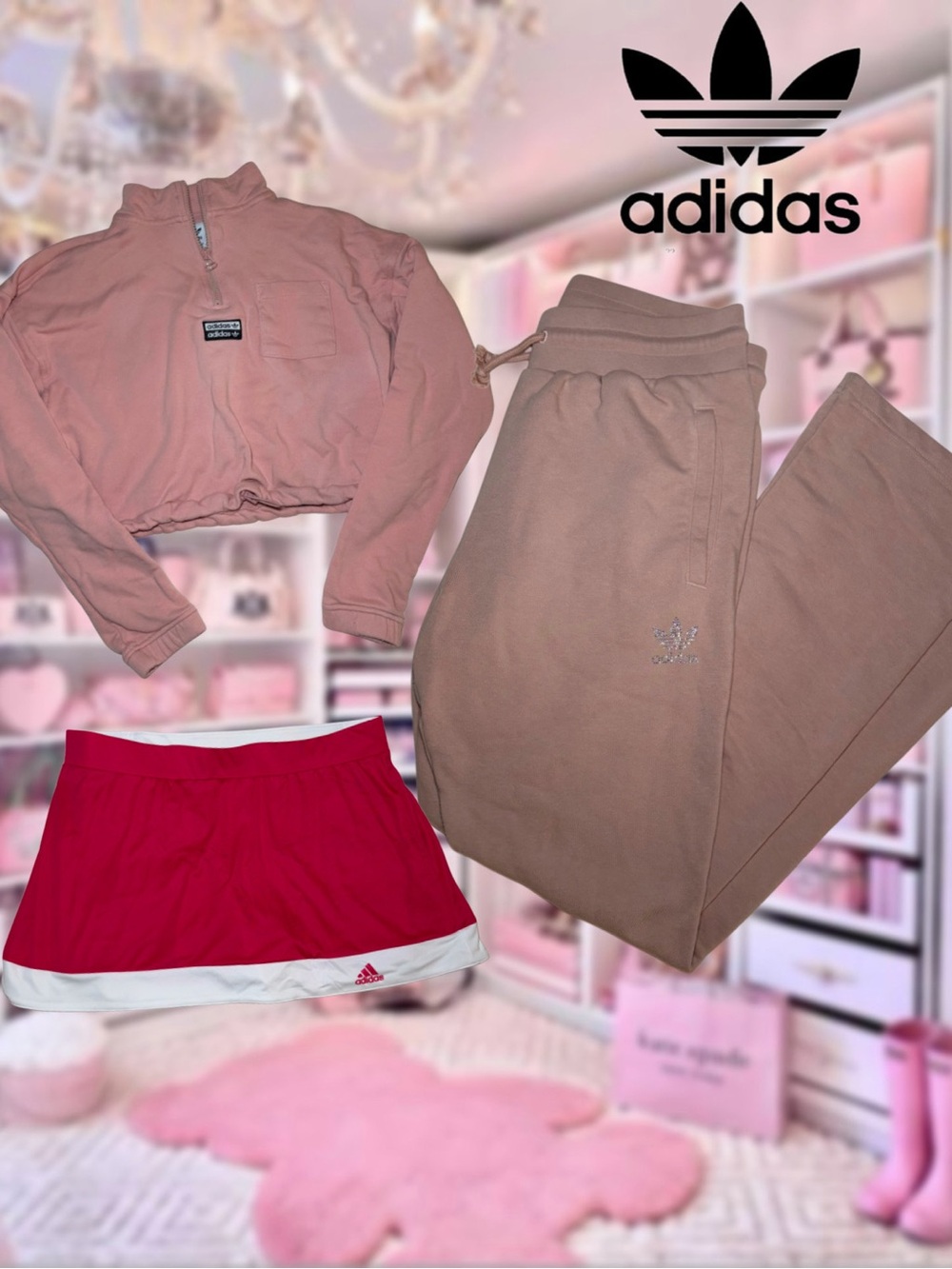 adidas Pink Crop Jacket with Mauve Joggers and fuschia skort